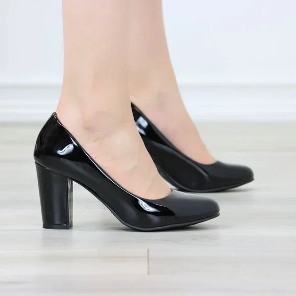 Classic Black Patent High Heel Slip On Round Toe Block Pumps - Picture 11 of 11